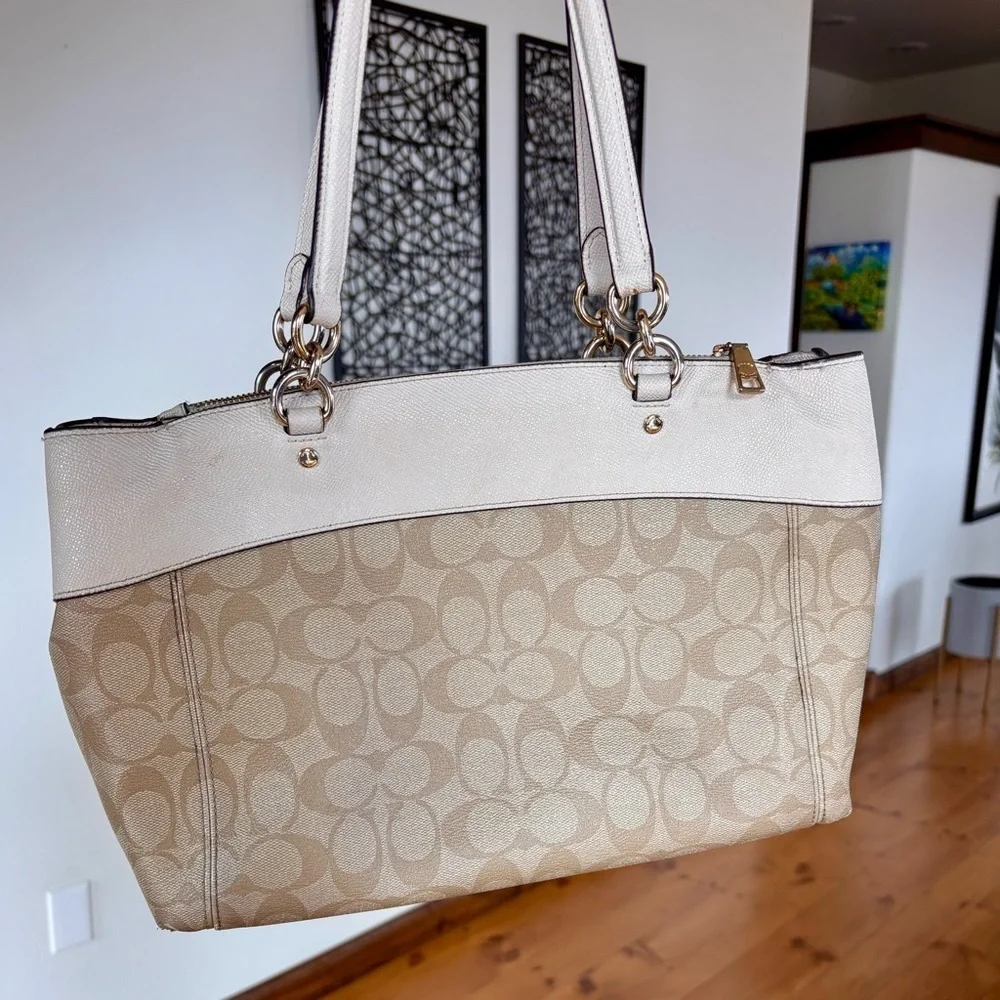 COACH Signature Stripe Gallery Tote F25996 Beige White Canvas Shoulder Bag